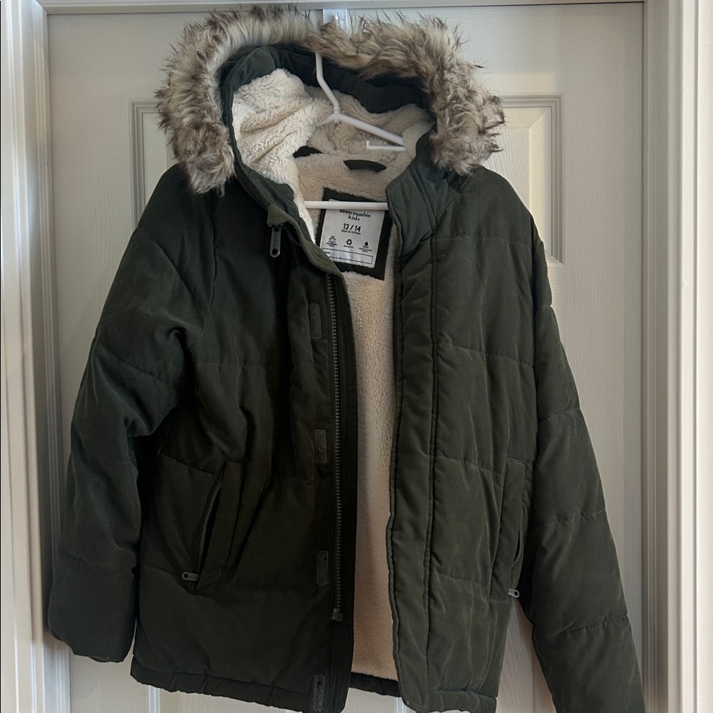 Abercrombie Kids Olive Green Puffer Jacket Faux Fur Hood 13/14